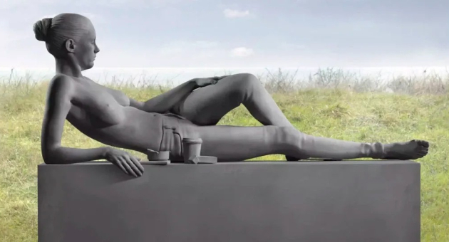 Zwarte sculptuur van een zittende vrouw in een glazen omgeving met een groene achtergrond.