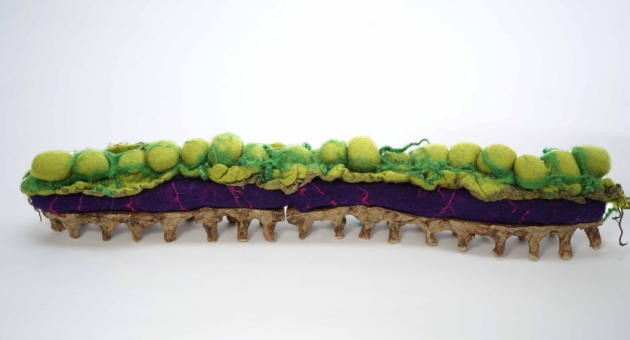Textiel als taal. Een langwerpig viltkunstwerk met groene bollen en paarse ondergrond.