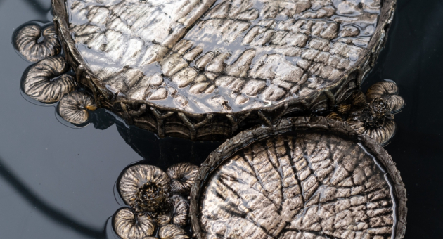 Twee decoratieve, metalen schijfjes op wateroppervlak