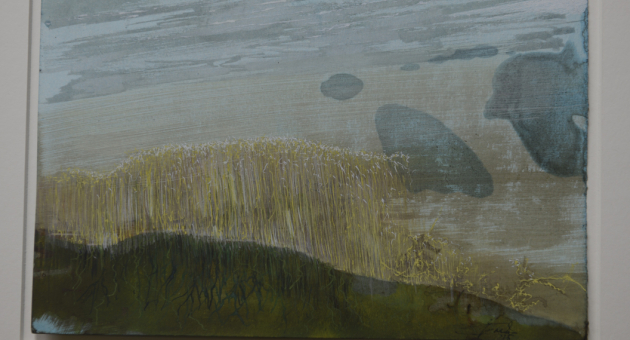 Een abstracte voorstelling van water en grasachtige planten.