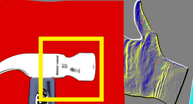 Een hamer en een handafbeelding met kleuraccenten.