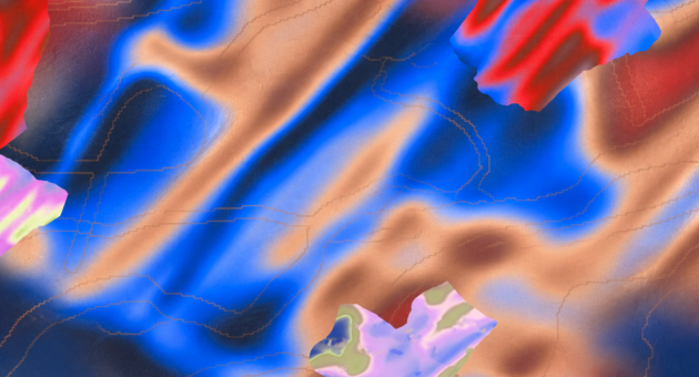 Een abstracte afbeelding met blauwe, rode en paarse tinten.