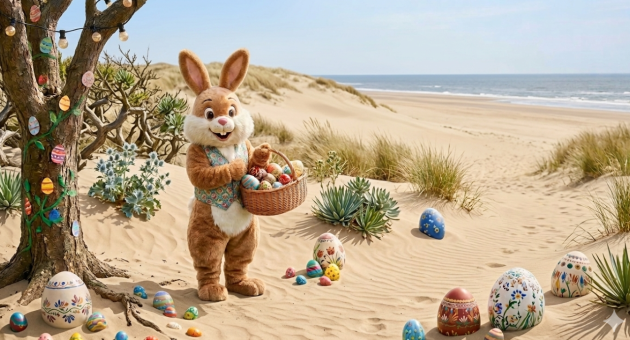 Een paashaas in een zandige omgeving met gekleurde eieren