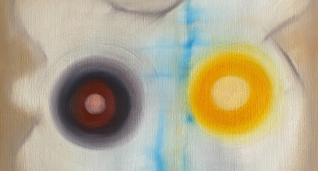 Abstracte afbeelding met een zwarte en een gele cirkel.