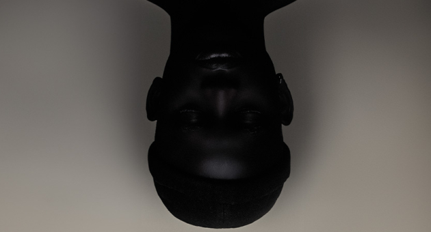 Portret van artiest Wayne Snow die op zijn kop ligt.