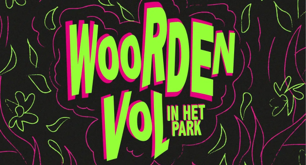 Colorful text 'Woorden vol in het park' with decorative leaves