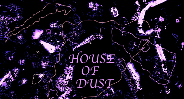 Abstracte afbeelding met de tekst 'HOUSE OF DUST' in paars.