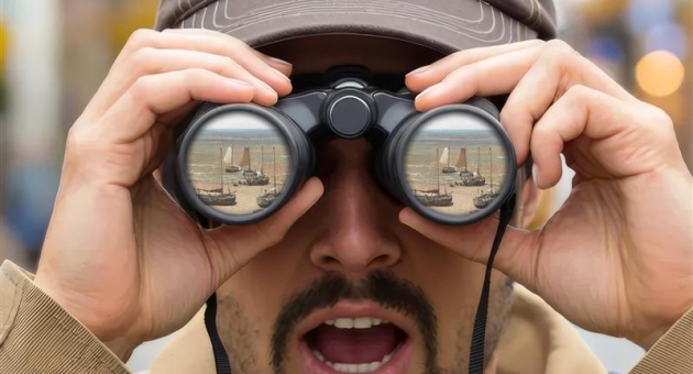 Man kijkt verrast door een verrekijker naar een van afbeelding Panorama Mesdag Man kijkt verrast door een verrekijker naar een van afbeelding Panorama Mesdag