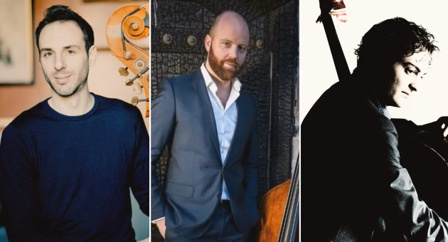 Drie cellisten, elk in een andere pose en setting.