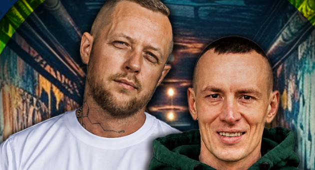Dudek P56 + Wiśnia Bakajoko poseren voor een graffiti muurschildering.