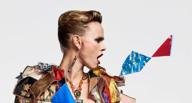 Model in a creative outfit made of colorful materials