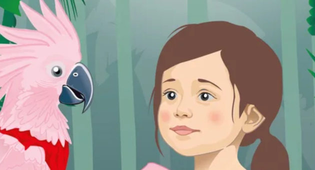 Een meisje kijkt naar een roze papegaai in de jungle.