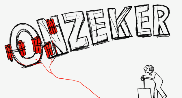 Striptekeing van hanneke-van-os. Figuurtje blaast dynamiet op bij de letters 'on' van het woord onzeker