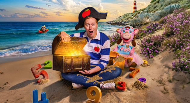 Een man met een piratenhoed opent een schatkist op het strand.