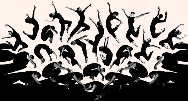 Various dancers in different poses on a light background.