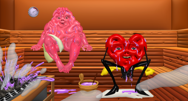 Een anthropomorf hart en een blob in een sauna.