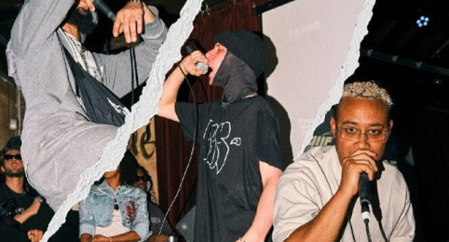 Drie rappers op het podium tijdens een hiphopoptreden