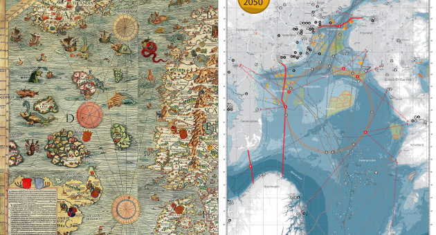 Een combinatie van een oude zeekaart en een moderne kaart van de Noordzee.