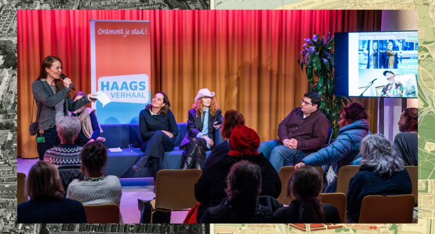 Een spreker deelt een verhaal tijdens een paneldiscussie.