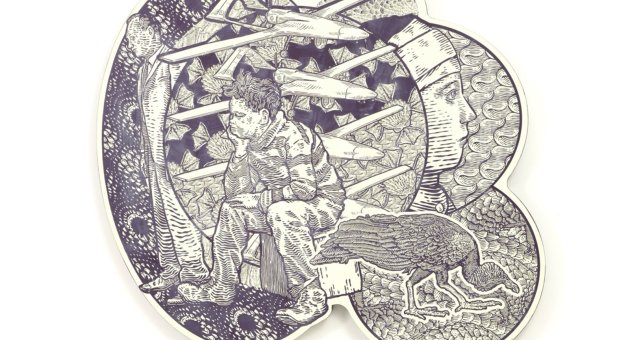 Gedetailleerde zwart wit illustratie die een beetje doet denken aan Escher van Peter Mammes. 