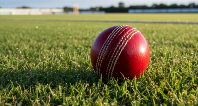 Een rode cricketbal ligt op groen gras.