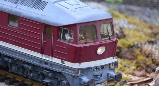 Rode modeltrein rijdt over een spoorlijn in een groen landschap.