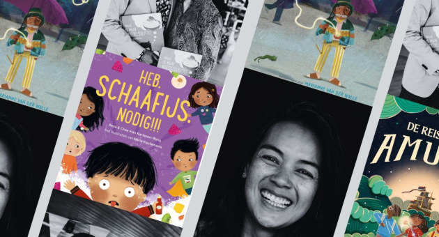 Collage met kinderboeken en een lachende vrouw