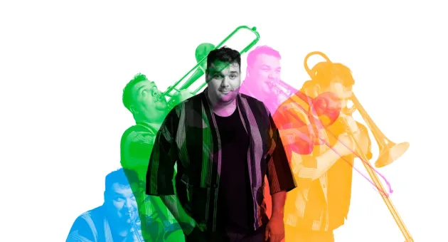 Man with trombone surrounded by colorful effects