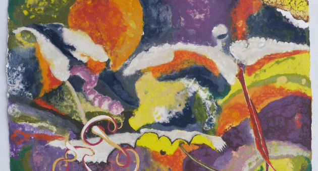 Kleurige abstracte schildering met organische vormen.