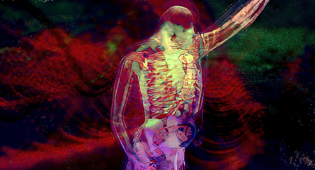 Een abstracte afbeelding van een menselijk lichaam in felle kleuren.