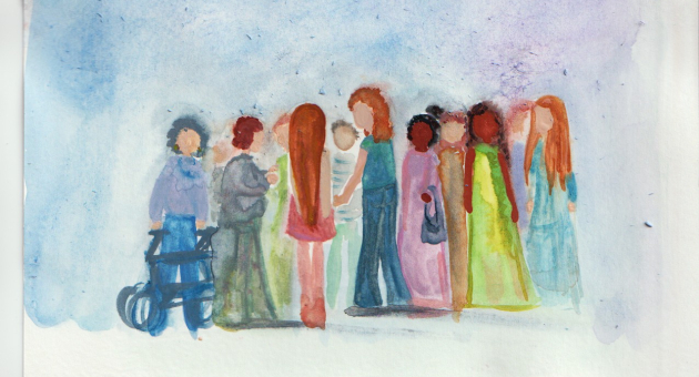 Kleurrijke aquarel van een groepje vrouwen. 