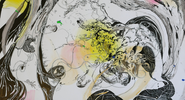 Een abstracte tekening met vloeiende lijnen en pastelkleuren.