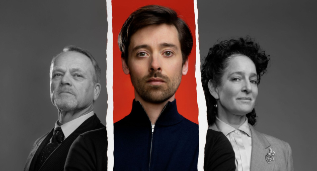 Drie mensen, waarvan de middelste in kleur en de anderen in zwart-wit, met gescheurde randen ertussen.