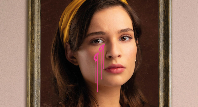 Portret met roze traan op het gezicht geschilderd.