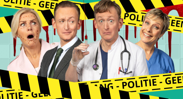 Promotiebeeld voor Dubbel Op. Vier personages uit de schoonheidskliniek worden afgebeeld op een bloederige achtergrond met politie afzetlint. 