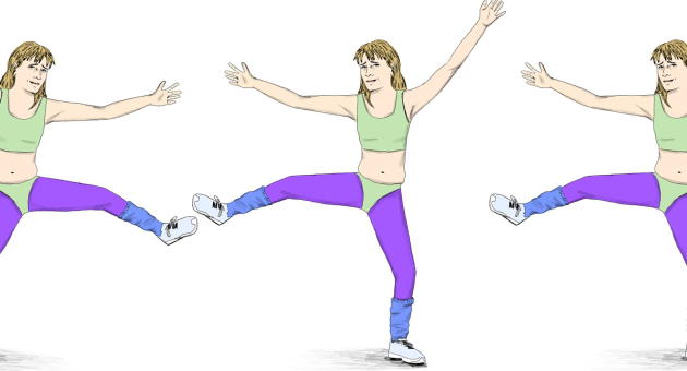 Illustratie van drie identieke vrouwen in jaren 80-aerobickleding die synchroon een been optillen tegen een witte achtergrond