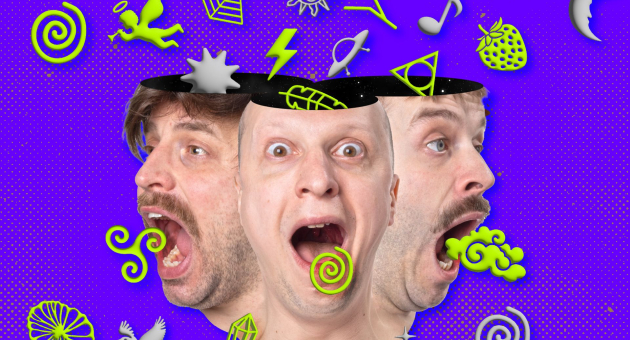 Drie mannen met open mond, elk met een deel van hun hoofd open alsof het een deksel is, waaruit allerlei felgekleurde symbolen en vormen komen zoals spiralen, muzieknoten, sterren en bliksemschichten, op een felpaarse achtergrond. De gezichten drukken verrassing of verwarring uit.