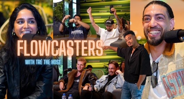 Gastsprekers presenteren hun creatieve project op het podium bij Flowcasters in Amare