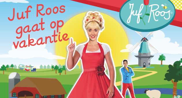 Afbeelding van "Juf Roos gaat op vakantie" met Juf Roos en Gijs in een kleurrijk, zomers landschap met molen en boerderij.
