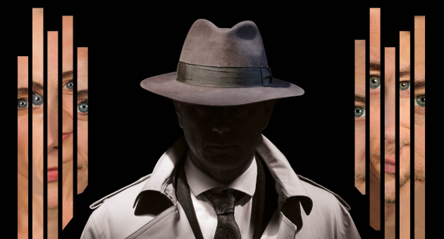 Man in trenchcoat en hoed met schaduw over zijn gezicht, omringd door fragmenten van gezichten tussen verticale stroken
