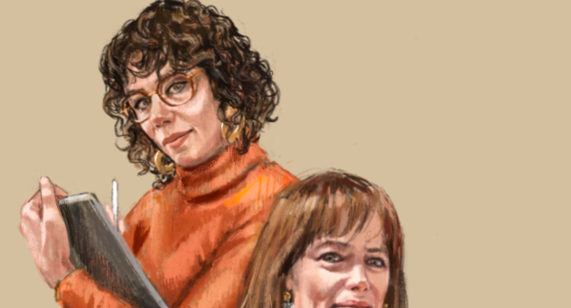 Getekende portretten van twee vrouwen, één met notitieboek en bril, tegen beige achtergrond