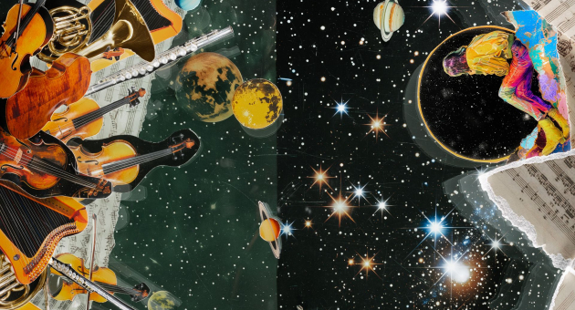 Collage van muzikanten en instrumenten aan de linkerkant tegenover een buitenaardse ruimte vol sterren en planeten aan de rechterkant, met een kleurrijk figuur dat uit een boek lijkt te springen.