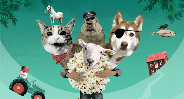 Collage van grappige dieren met popcorn en props