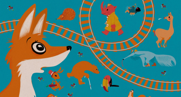 Verschillende dieren op een blauwe achtergrond en treinrails 