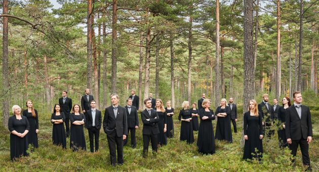 Een grote groep mensen gekleed in zwarte galakleding staat verspreid tussen hoge bomen in een bos. De serene omgeving en hun formele houding geven de indruk van een koorportret in de natuur.