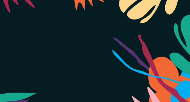 Donkere achtergrond met kleurrijke abstracte planten- en bladvormen in de hoeken.