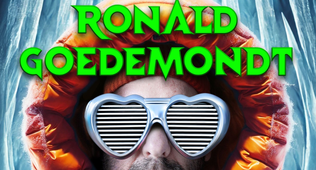Close-up van Ronald Goedemondt met zilveren shutter-shades in de vorm van hartjes op. Hij draagt een oranje jas met de capuchon omhoog. Hij staat voor een zilveren achtergrond. In neon-groene letters is Ronald Goedemondt te lezen. 