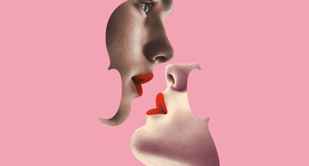 Twee gezichten met rode lippen vormen elkaars silhouet in roze achtergrond, in grafisch en surrealistisch ontwerp.