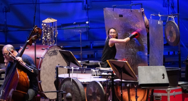 Slagwerker slaat op grote gong tijdens live optreden, contrabassist speelt op de achtergrond