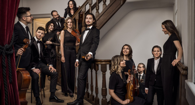 12 muzikanten in formele zwarte kleding poseren op en rond een houten trap, met instrumenten zoals viool en cello